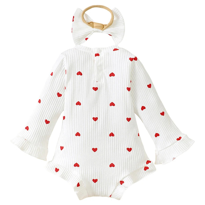 Baby Girl 2Pcs Fall Romper Ribbed Heart Print Long Sleeve Crew Neck Ruffled Jumpsuit with Bow Headband Set