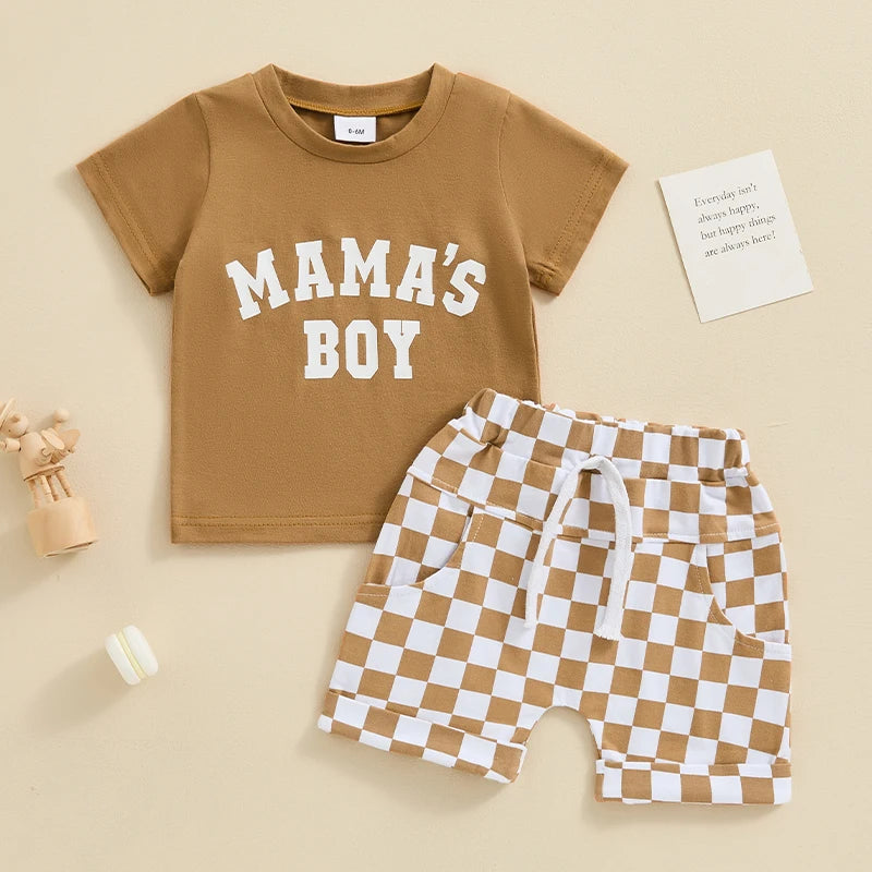 Toddler Baby Boys 2Pcs Mama's Boy Spring Summer Clothes Outfits Letters Print Top with Plaid Checker Shorts Clothing Set