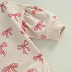 Baby Girl 2Pcs Fall Outfit Bow Print Crew Neck Long Sleeve Bubble Romper Tie-up Headband Set