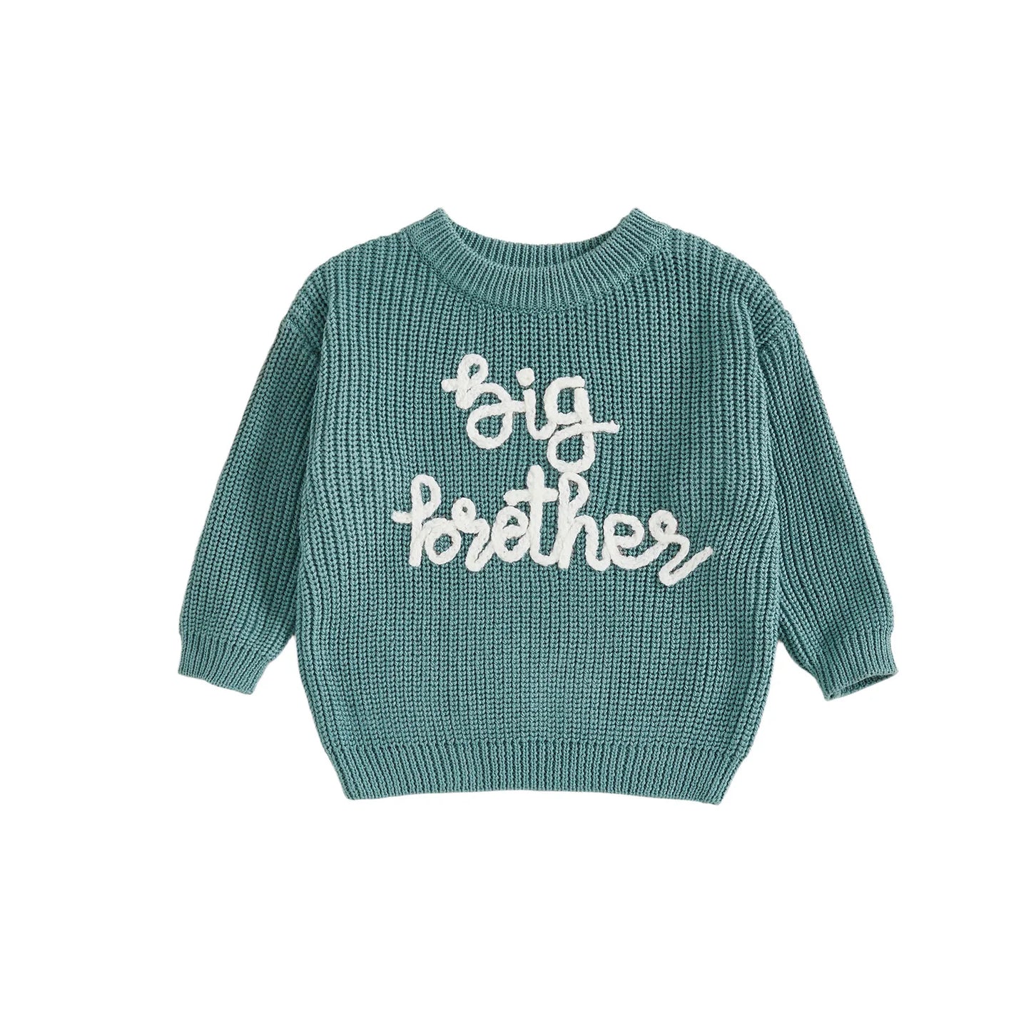 Toddler Boy Big Brother Fall Sweater Letter Embroidered Crewneck Long Sleeve Pullover Chunky Knit Tops