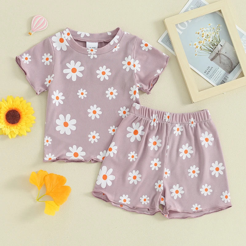 Toddler Baby Girl 2Pcs Spring Summer Clothes Floral Flowers Print Short Sleeve Crewneck Top with Matching Shorts Set Outfit