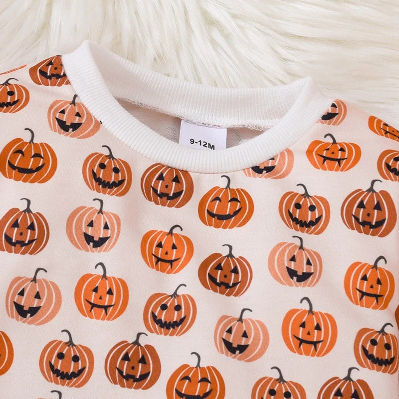 Baby Boys Girls Romper Long Sleeve Crew Neck Pumpkin Print Fall Bodysuit Halloween Jumpsuit