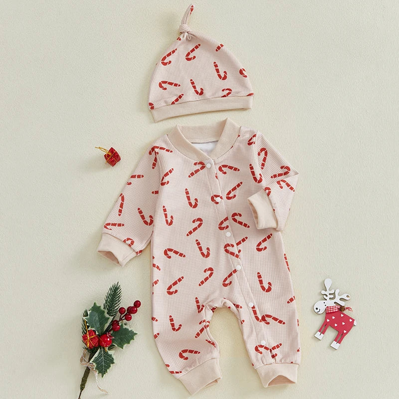 Baby Girl Boy 2Pcs Christmas Romper Candy Cane Print Long Sleeve Full Length Jumpsuit with Beanie Hat Set Outfit