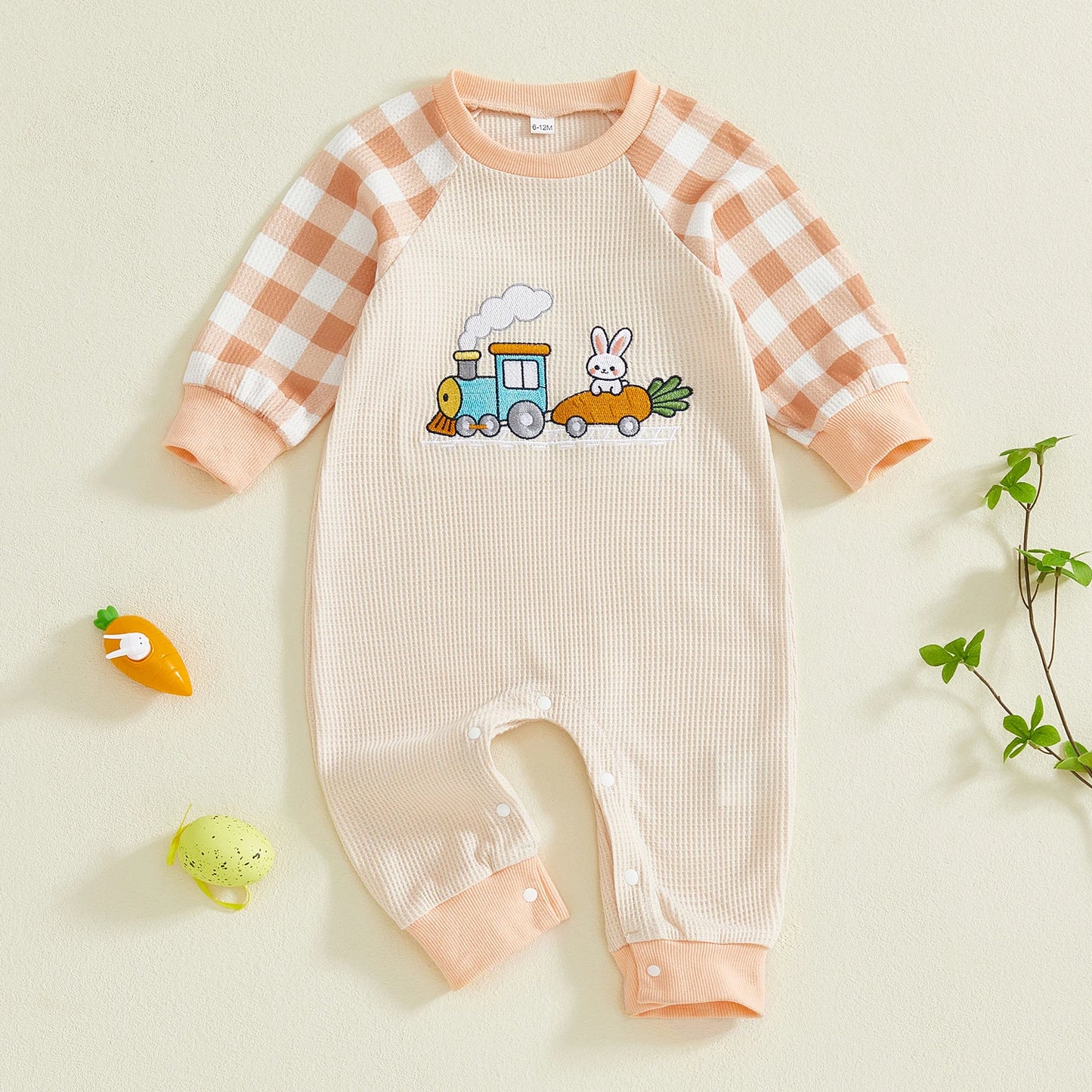 Baby Boy Girl Easter Romper Plaid Long Sleeve Round Neck Bunny Train Embroidery Full Length Jumpsuit