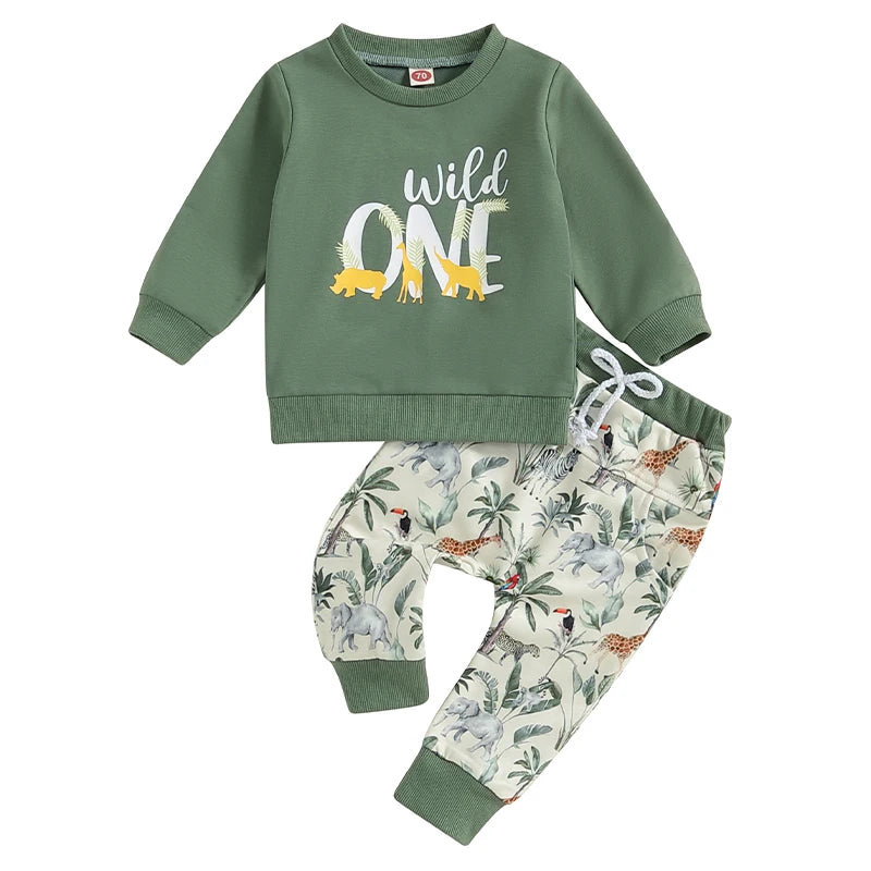 Baby Boys 2Pcs Wild ONE Outfit Long Sleeve Crew Neck Letter Print Top Jungle Animal Print Pants Fall Set