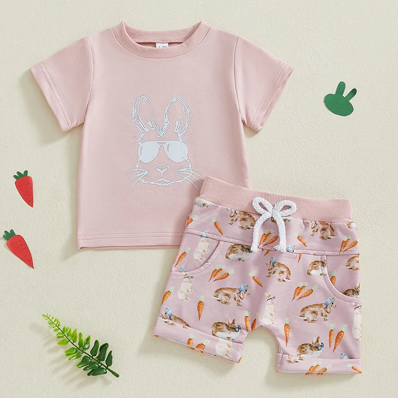 Baby Toddler Boys Girls 2Pcs Easter Outfit Bunny Rabbit Short Sleeve Shirt Spring Cute Clothes Shorts Set