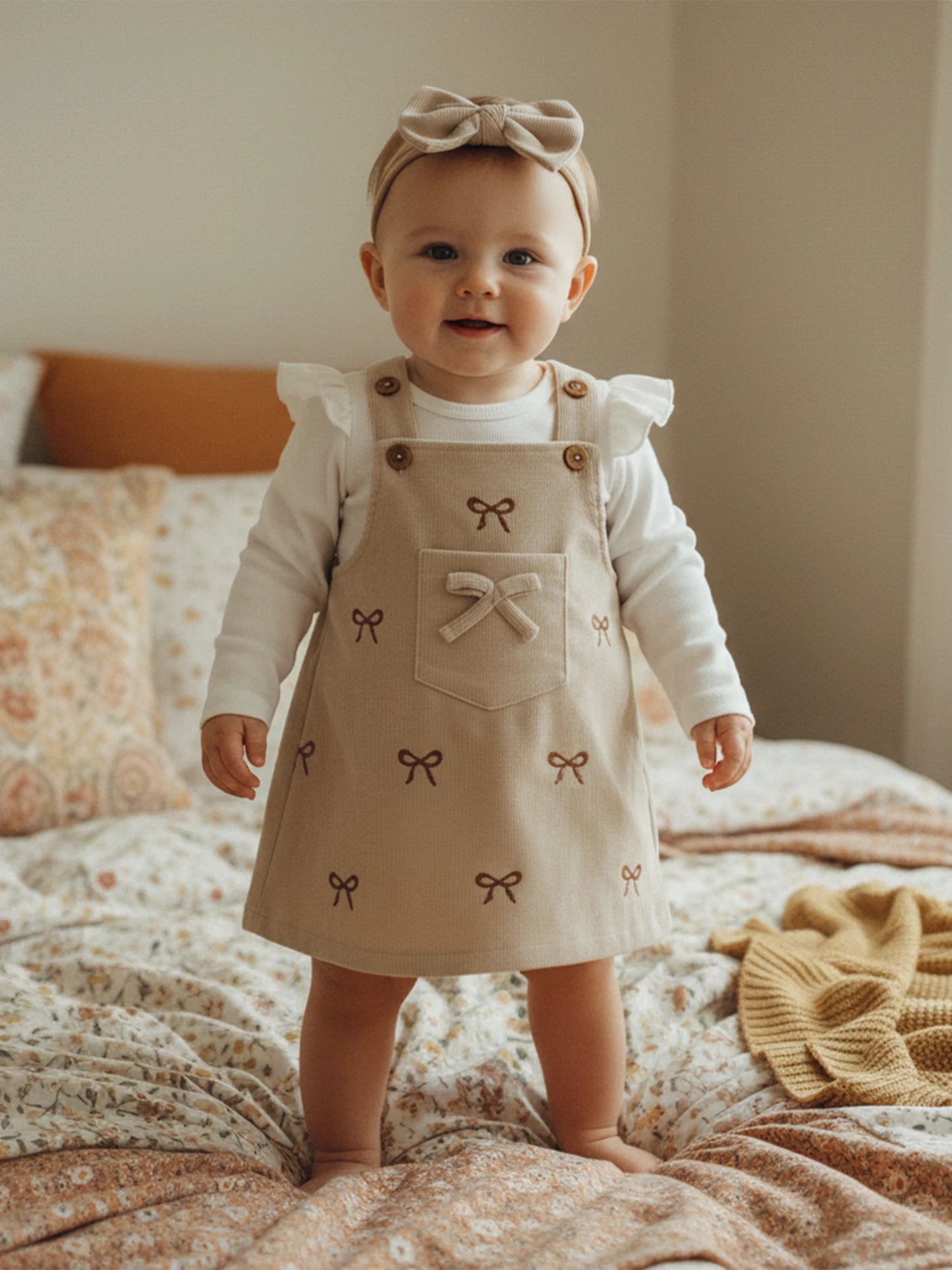 Baby Girls 3Pcs Outfit Ruffle Long Sleeve Crew Neck Romper Overall Bow Dress and Headband Set