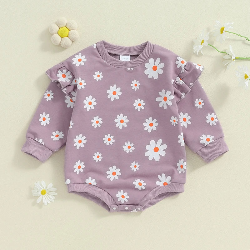 Baby Girl Bubble Romper Flower Daisy Print Round Neck Long Sleeve Jumpsuit