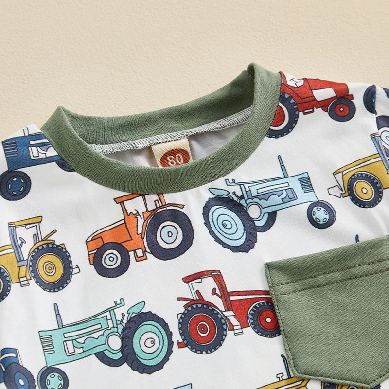 Toddler Baby Boys 2Pcs Short Sleeve Tractors Print Top and Drawstring Shorts Set