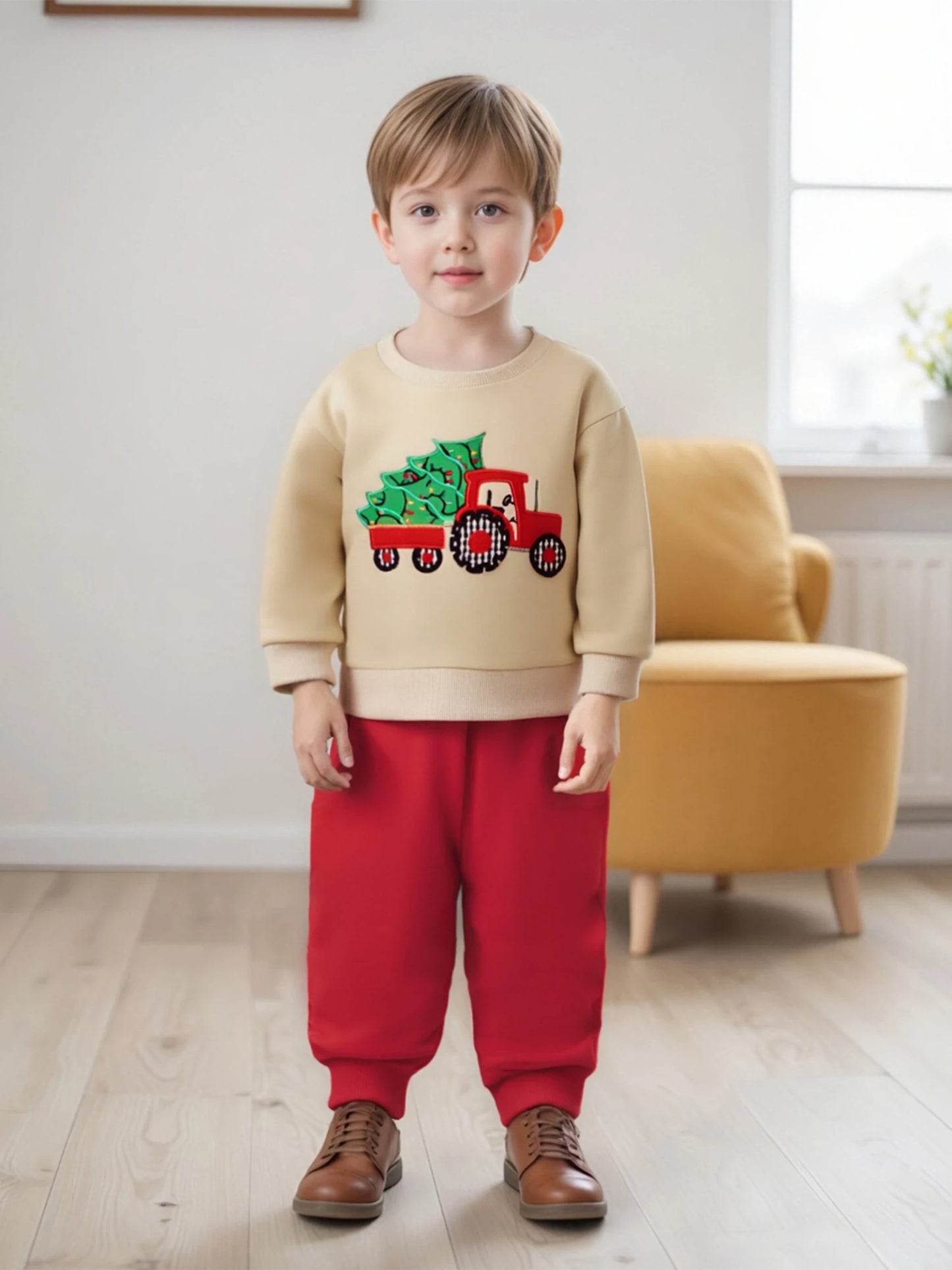 Baby Toddler Boys 2Pcs Christmas Set Truck and Christmas Tree Long Sleeve Round Neck Pullover Top Jogger Pants Set