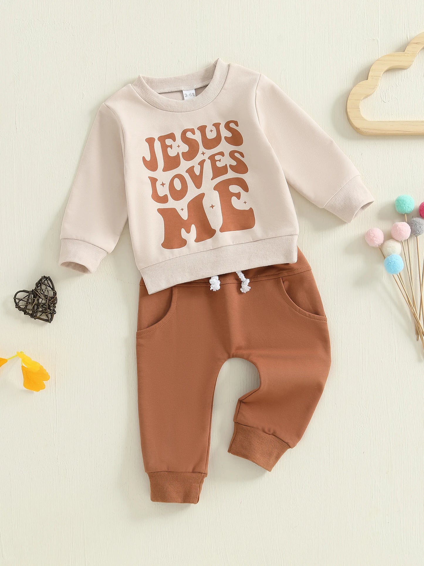 Baby Toddler Boys 2Pcs Jesus Loves Me Fall Outfit Letter Print Long Sleeve Top and Elastic Pants 2Piece Clothes Jogger Set