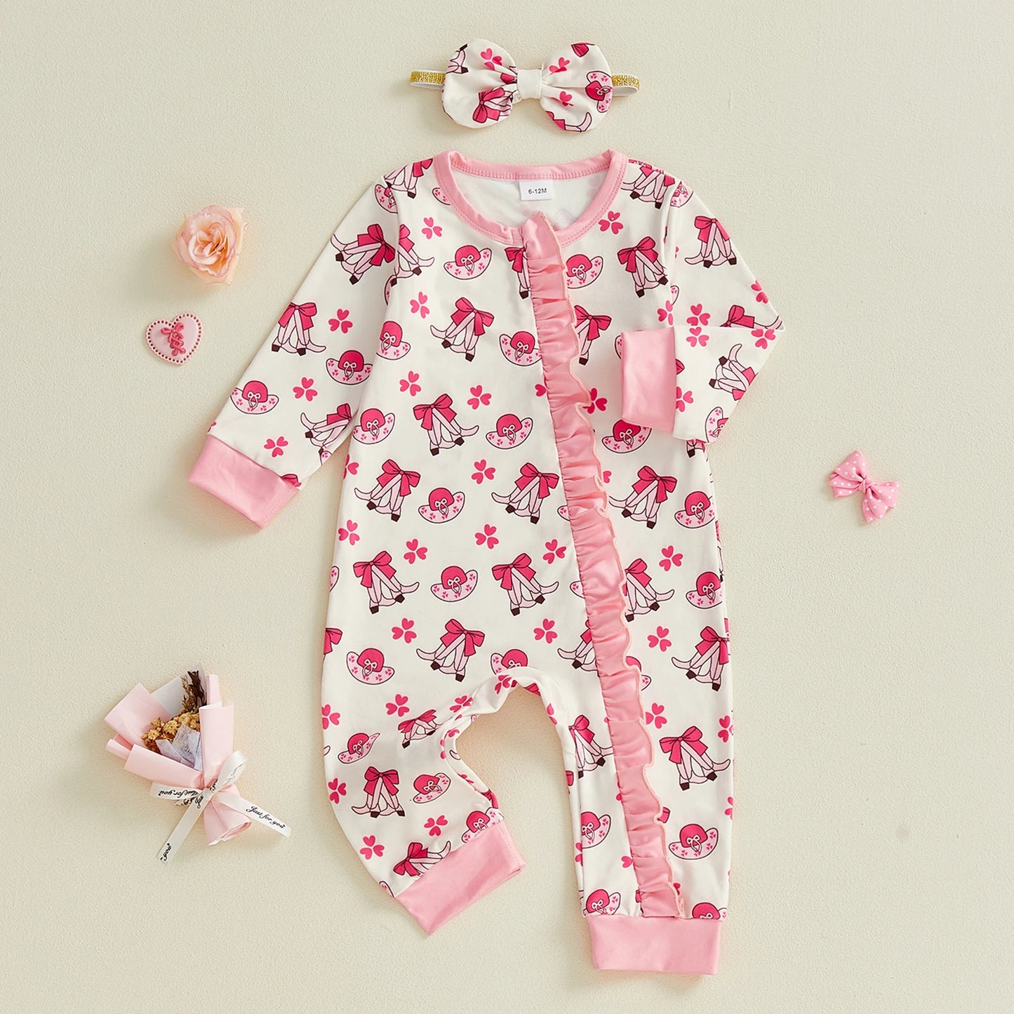 Baby Girls 2Pcs Western Bow Boot Print Long Sleeve Round Neck Zipper Romper Jumpsuit with Bow Headband Set