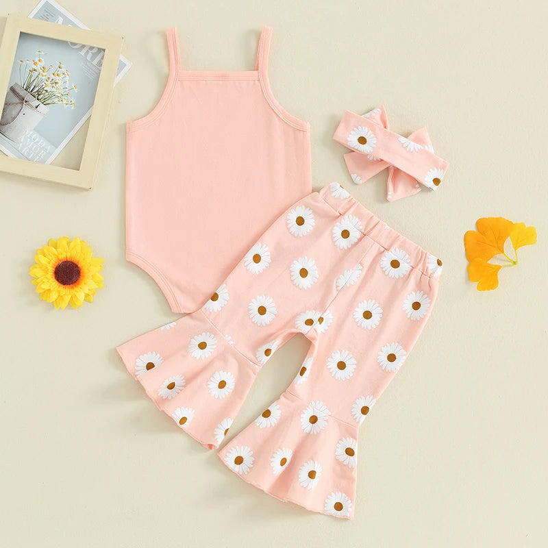 Baby Girls 3Pcs Summer Outfit, Sleeveless Tank Top Romper with Daisy Flower Print Flare Long Pants and Headband