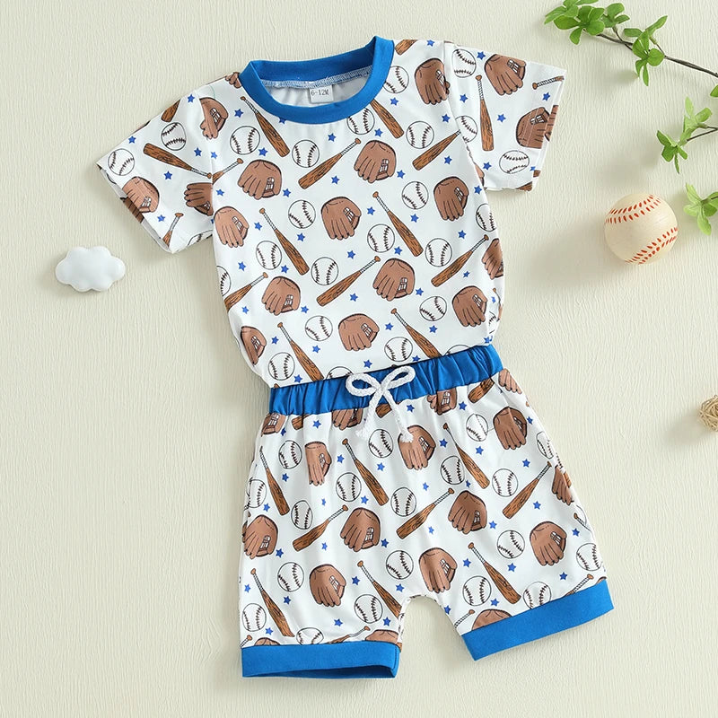 Baby Toddler Boys 2Pcs Baseball Print Outfit Short Sleeve T-shirt Top Elastic Waist Shorts Summer Set