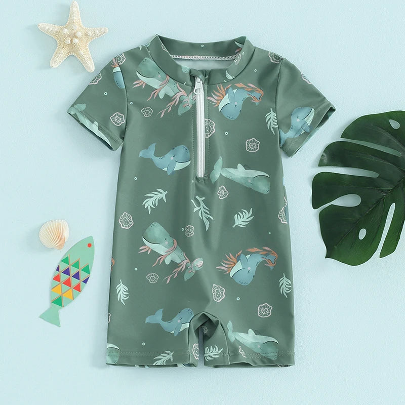 Baby Toddler Boys Swimwear Short Sleeve Cartoon Print Shark Whale Front Zipper Bathing Suit Swimsuit Romper