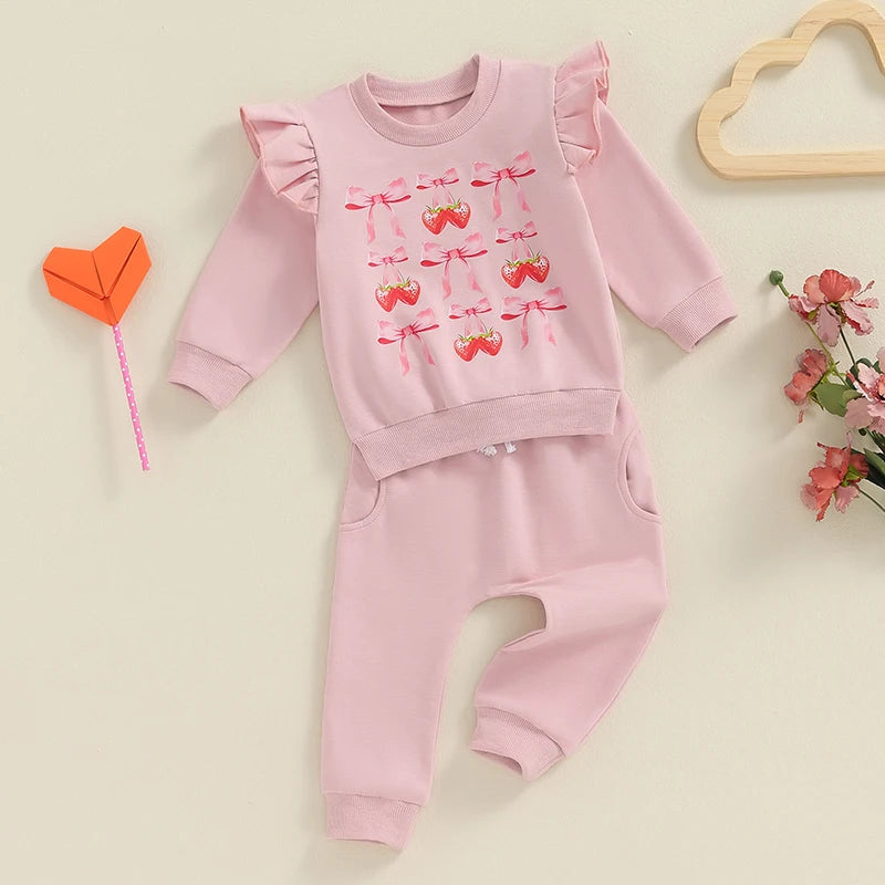 Baby Toddler Girls 2Pcs Fall Outfit Cute Bow Strawberries Print Long Sleeve Ruffle Shoulder Pullover + Pants Set