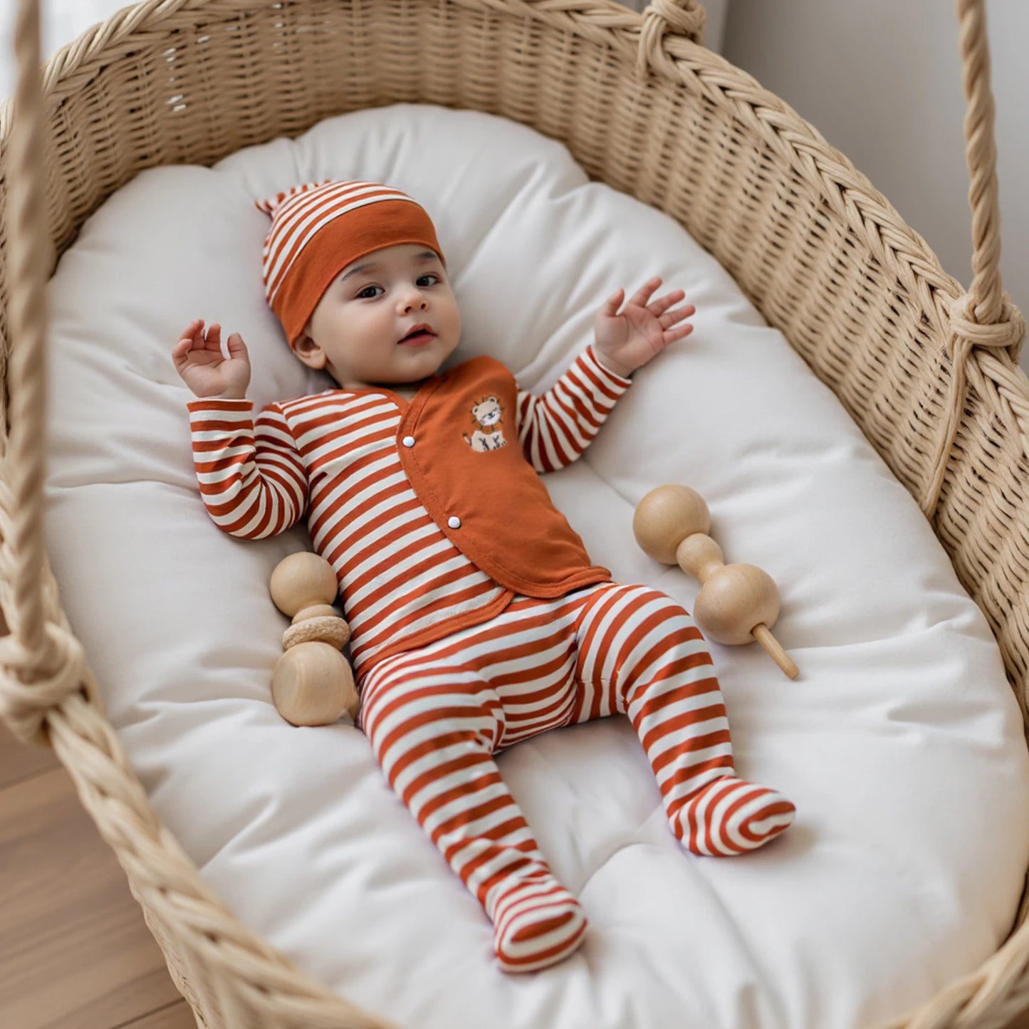 Baby Boys 3PCS Outfit Sets Long Sleeve Lion Embroidery Top Striped Pants Hat Set