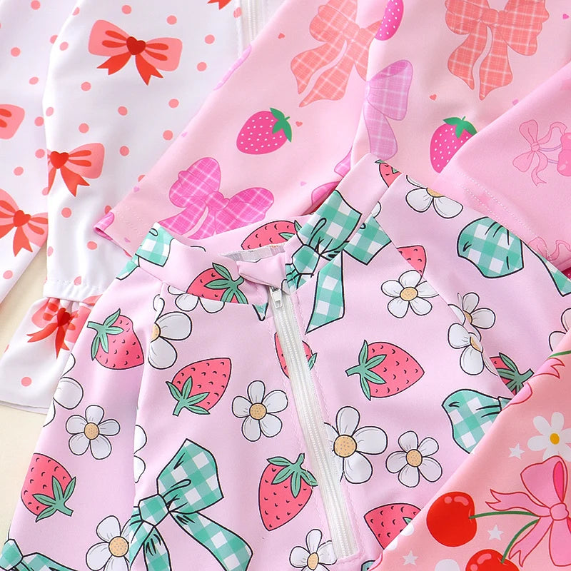 Baby Toddler Girls 2Pcs Rash Guard Swimsuit with Hat Bow Floral Print Zip Up Long Sleeve Crew Neck Swimwear Bathing Suit Set
