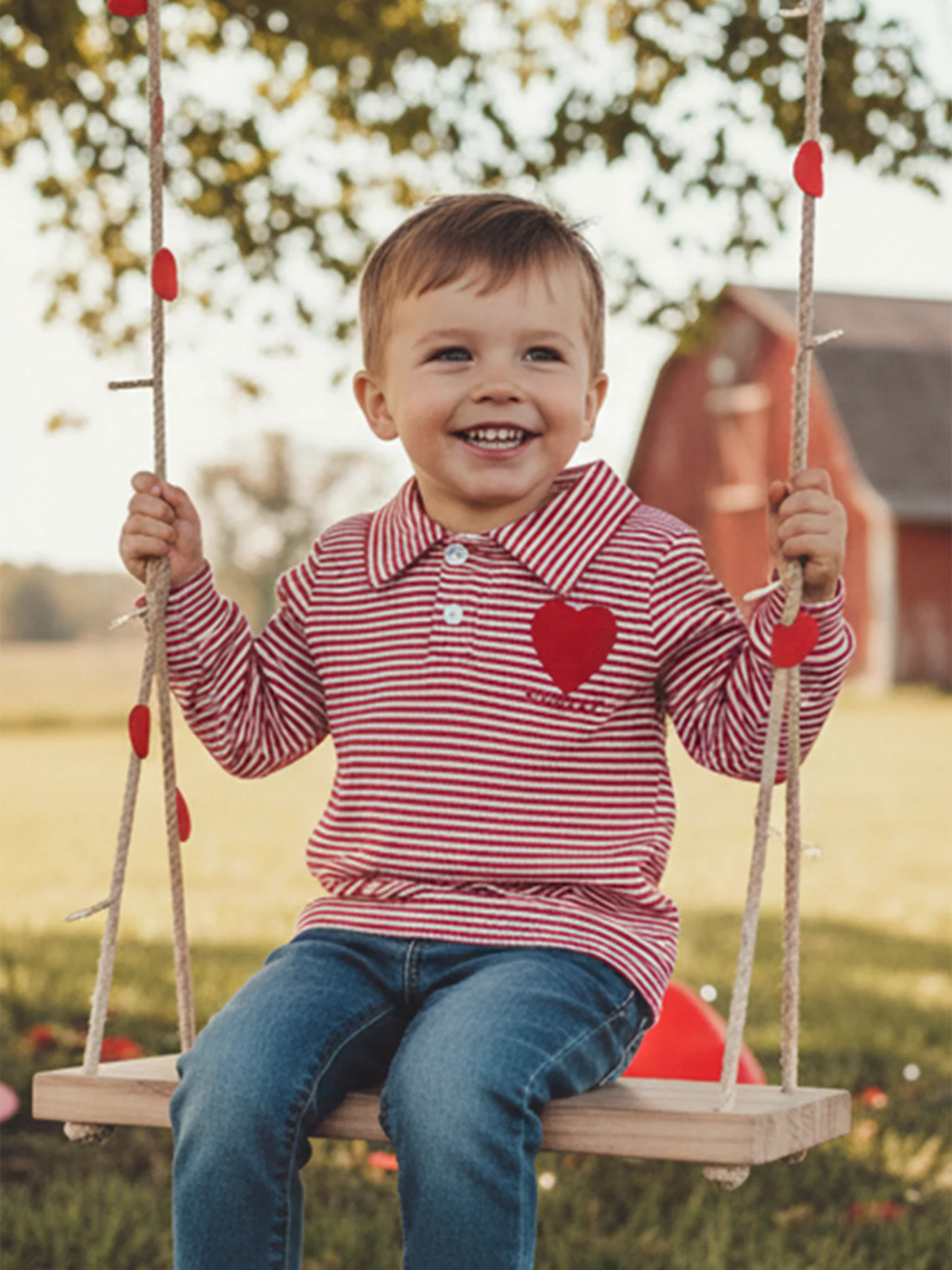Baby Toddler Valentine's Day Long Sleeve Turn-down Collar Striped Embroidery Heart Top