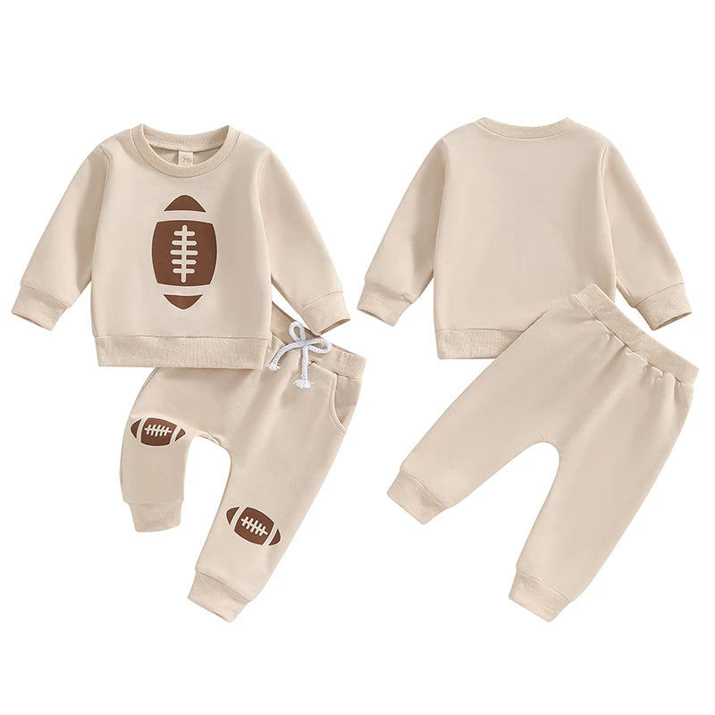 Baby Toddler Boys Girls 2Pcs Football Print Long Sleeve Round Neck Top Drawstring Pockets Long Pants Outfit Set