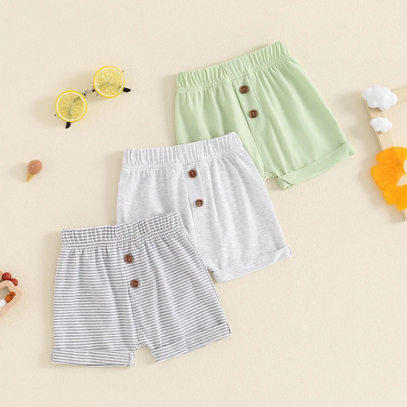 Baby Toddler Boys 3Pcs Summer Shorts Elastic Band Solid Color/Striped Button Shorts Set of Three