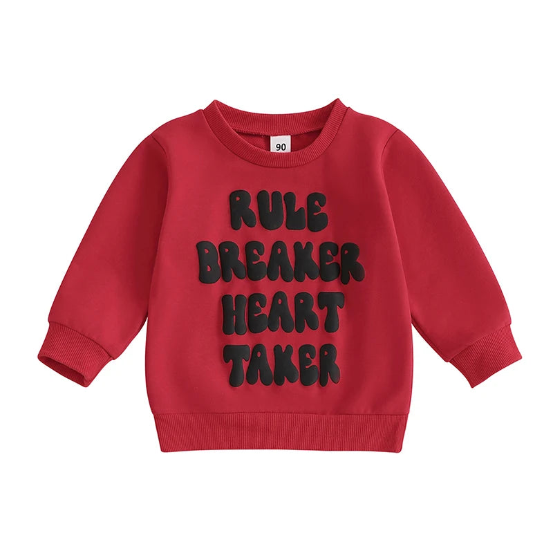 Toddler Kids Boys Girls Rule Breaker Heart Taker Valentine's Day Letter Print Long Sleeve Round Neck Pullover Top