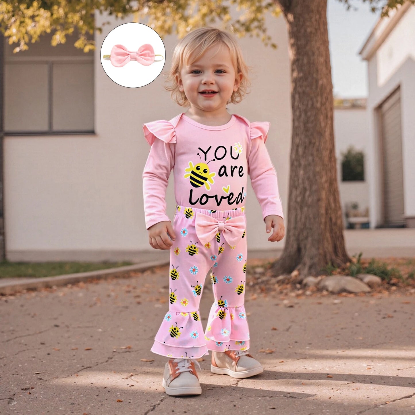 Baby Girls 3Pcs You Are Loved Long Sleeve O Neck Letter Bee Print Romper Flared Pants Headband Set
