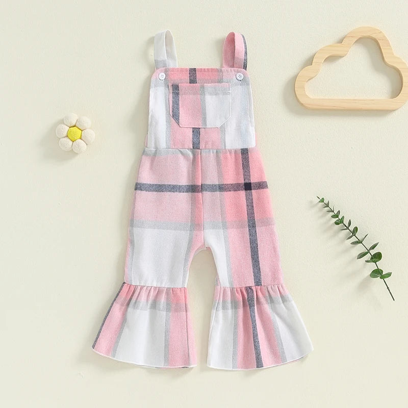 Baby Toddler Girls Plaid Overalls Casual Square Neck Sleeveless Bell Bottom Jumpsuit Romper