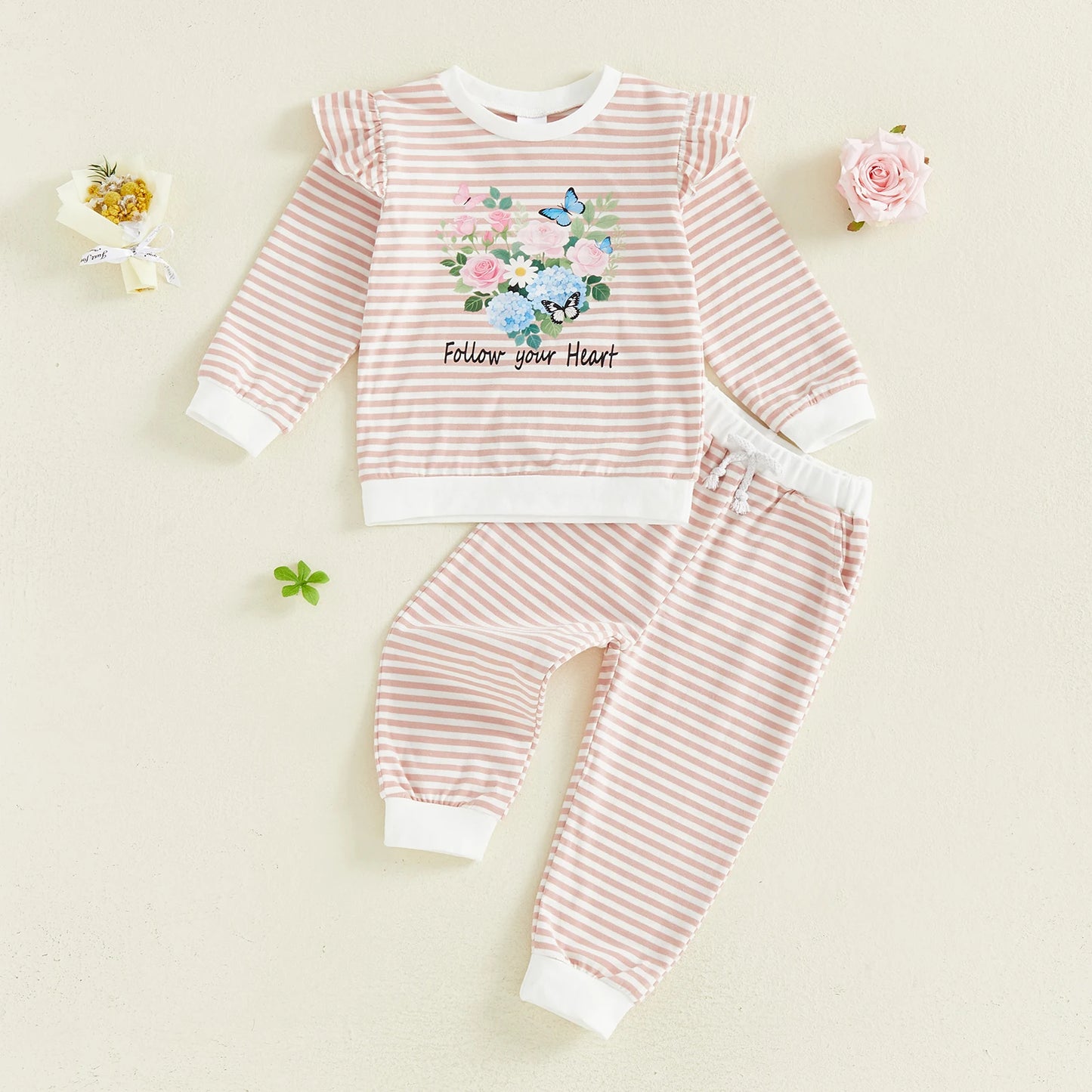 Baby Toddler Girls 2Pcs Follow Your Heart Spring Outfit Ruffle Long Sleeve Crew Neck Letters Floral Print Top with Striped Pants Jogger Set