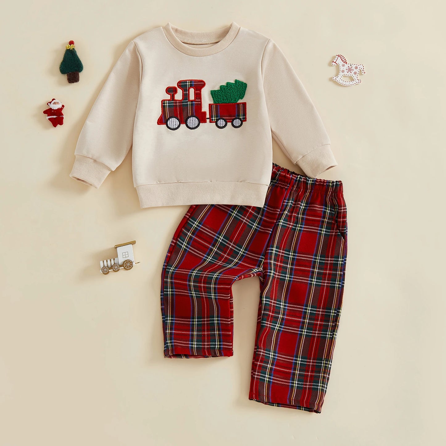 Baby Toddler Boys 2Pcs Christmas Outfits Long Sleeve Train Tree Embroidery Top + Plaid Pants Set Winter Clothes