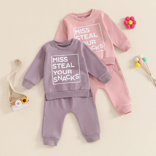 Baby Toddler Girls 2Pcs Fall Outfit Miss Steal Your Snacks Letter Print Long Sleeve Crewneck Top and Elastic Waist Pants Set