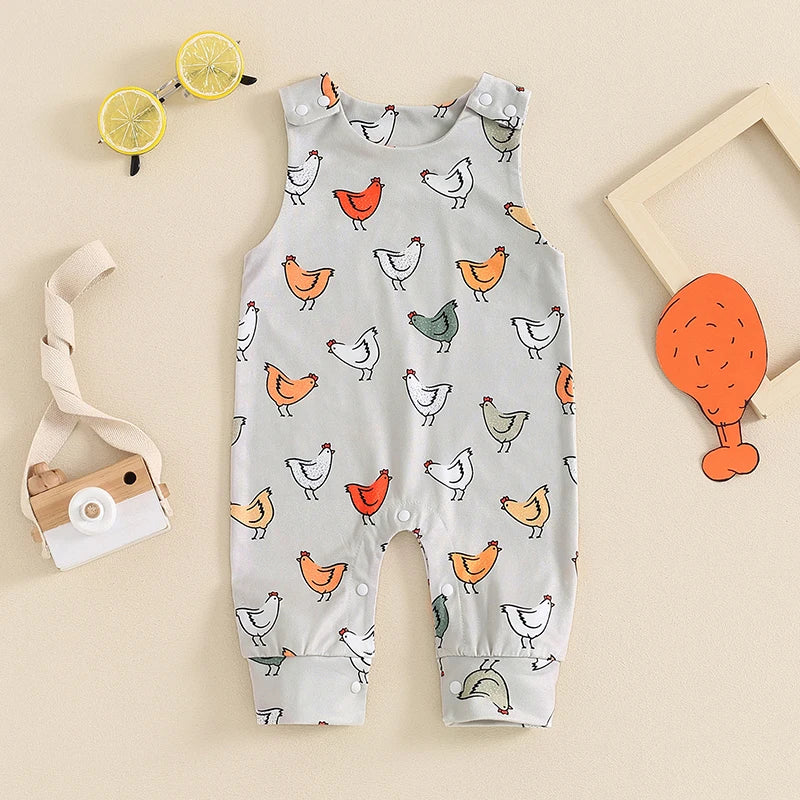 Baby Girls Boys Romper Infant Hen Chicken Print Straps Sleeveless Tank Top Long Leg Bodysuit Summer Clothes Jumpsuits Overalls