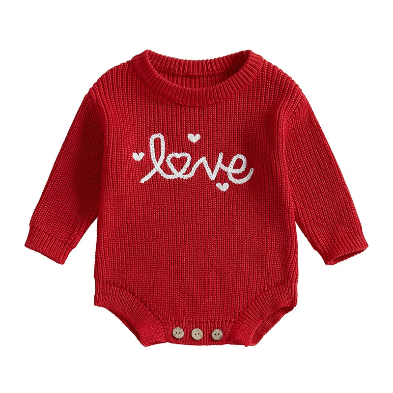 Baby Girl Boy Love Valentine’s Day Romper Long Sleeve O-Neck Letter Embroidery Knit Jumpsuit Sweater Bodysuit