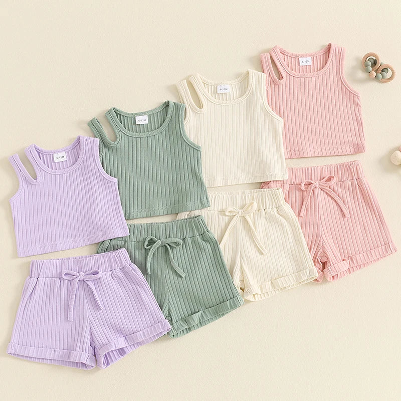 Baby Toddler Girls 2Pcs Ribbed Tank Top Elastic Waistband Drawstring Shorts Matching Outfit Set