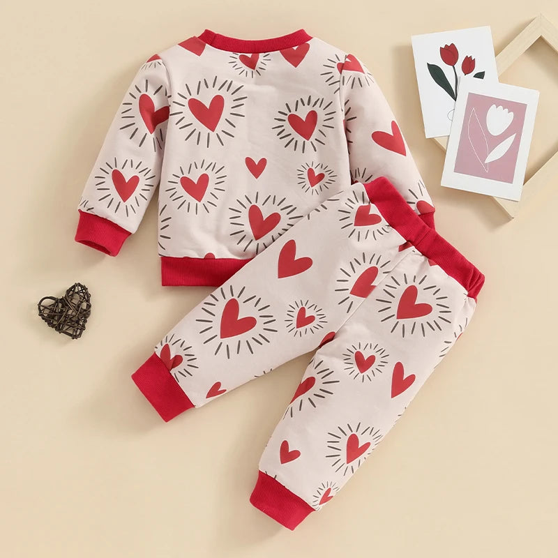 Toddler Baby Boy Girl 2Pcs Valentine’s Day Outfit Long Sleeve Heart Top + Pants Set