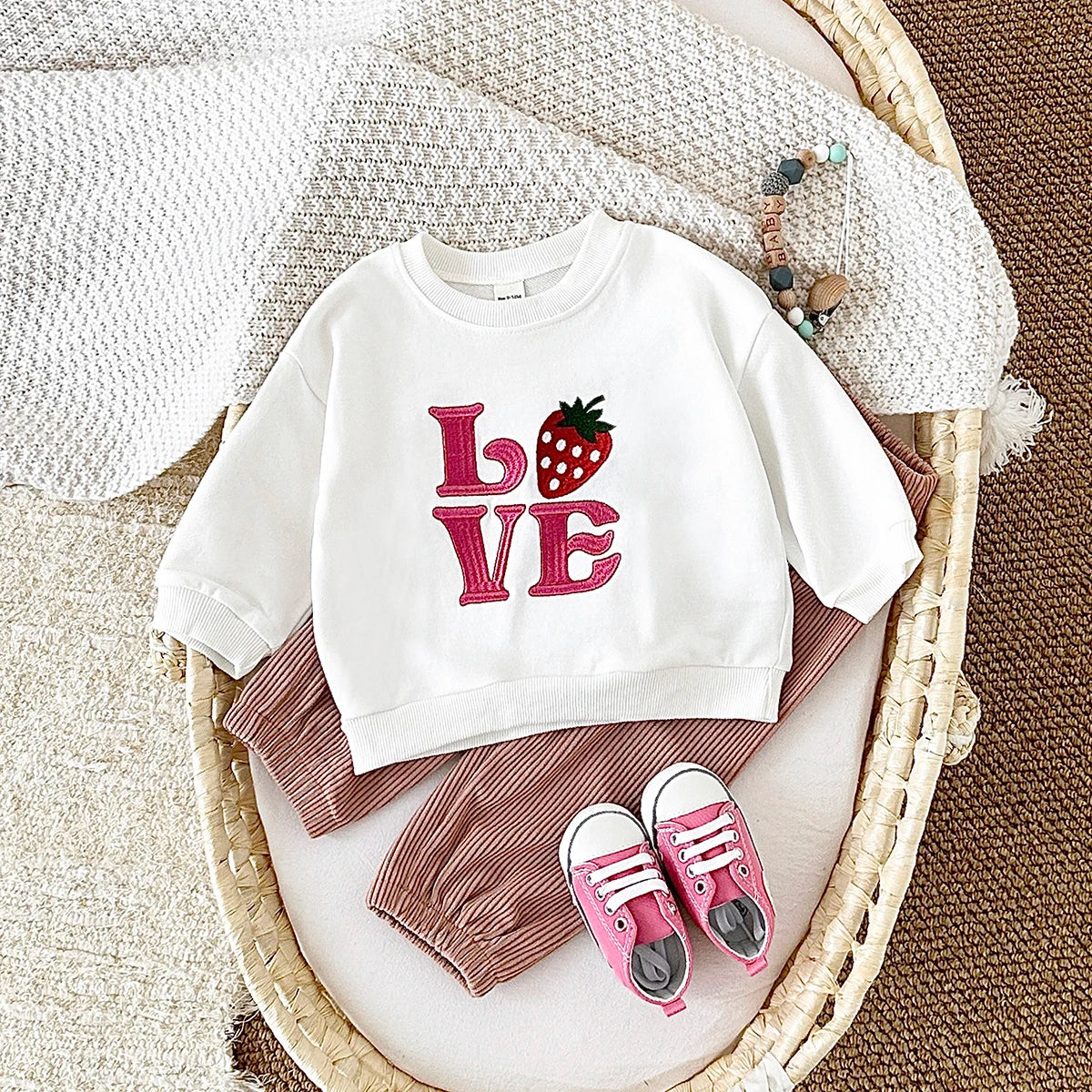 Baby Toddler Boys Girls 2Pcs Set Fruit Letters MOOD / LOVE / VIBE EmbroideryLong Sleeve Crewneck Top + Corduroy Pants Outfit