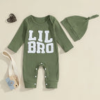 Baby Boy 2Pcs Lil Bro Jumpsuit and Hat Set Long Sleeve Round Neck Letter Print Ribbed Romper with Beanie Outfit
