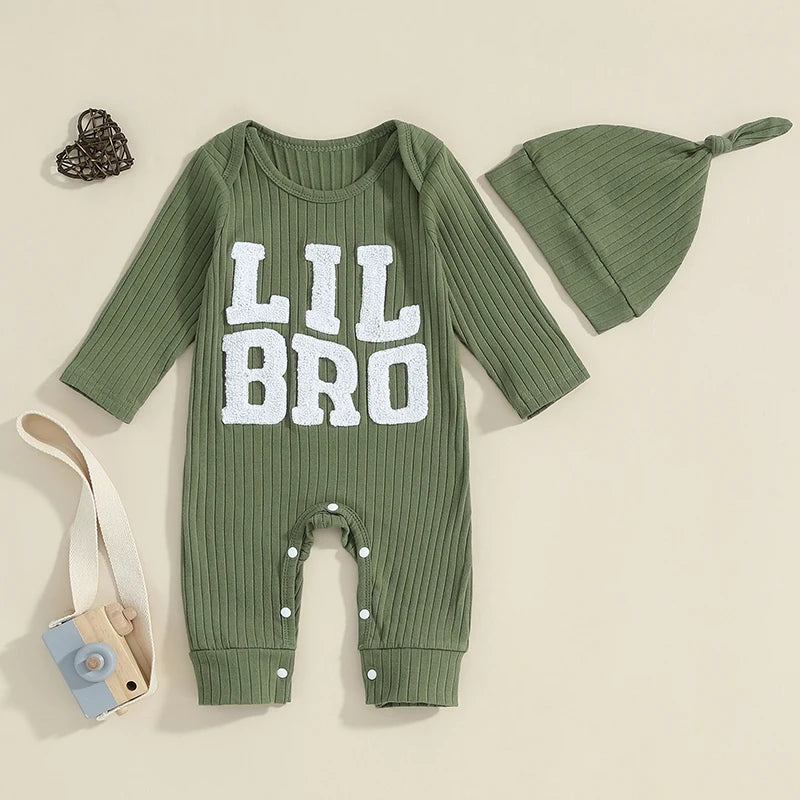 Baby Boy 2Pcs Lil Bro Jumpsuit and Hat Set Long Sleeve Round Neck Letter Print Ribbed Romper with Beanie Outfit