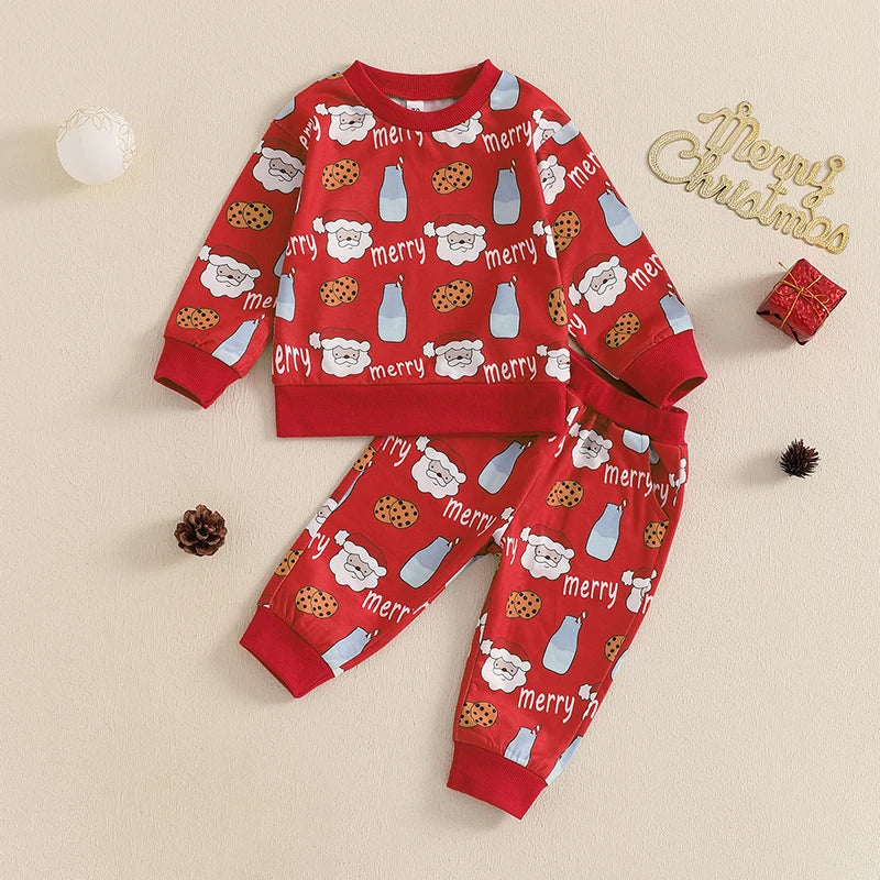 Baby Toddler Boys Girls 2Pcs Christmas Jogger Set Long Sleeve Round Neck Milk Cookies Merry Santa Claus Print Top Pants Outfit