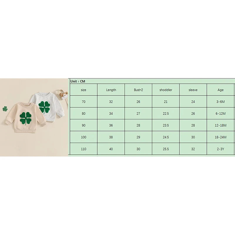 Baby Toddler Girl Boy St. Patrick's Day Casual Four Leaf Clover Shamrock Embroidery Long Sleeve Crewneck Top