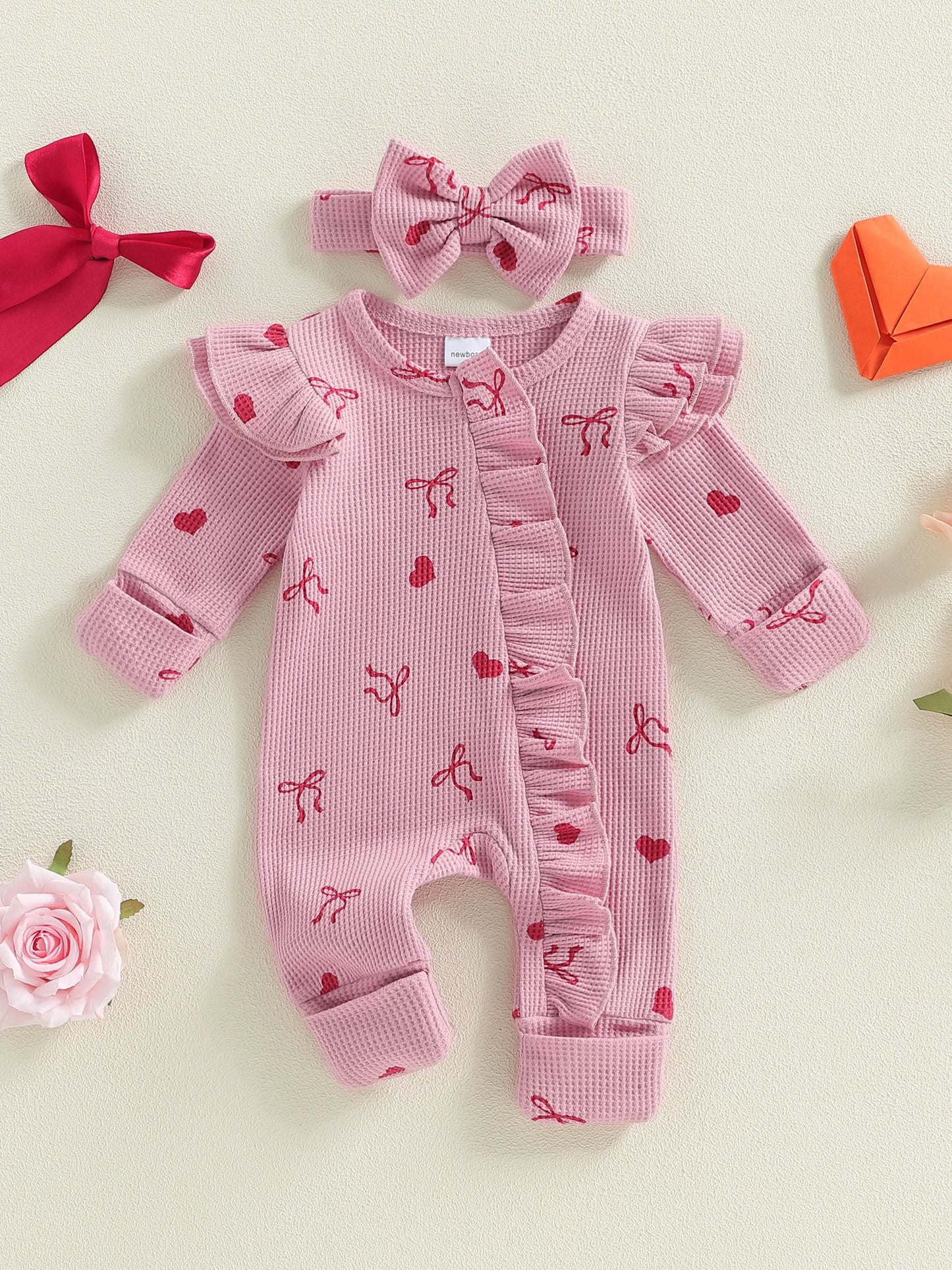 Baby Girls 2Pcs Valentine's Day Romper Outfit Heart Print Ruffle Long Sleeve Jumpsuits Bow Headband Set