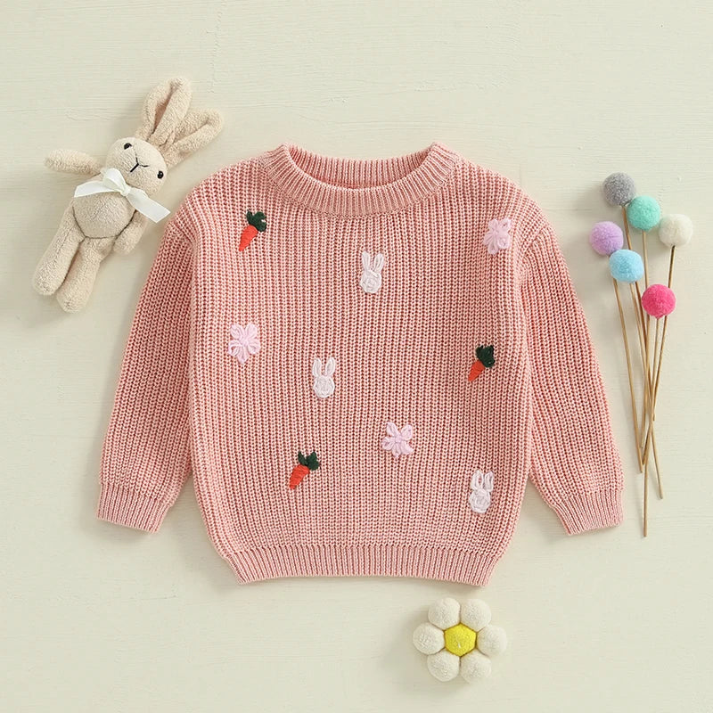 Baby Toddler Girls Knit Easter Sweater Long Sleeve O Neck Bunny Rabbit Carrot Embroidery Pullover Knitwear Top