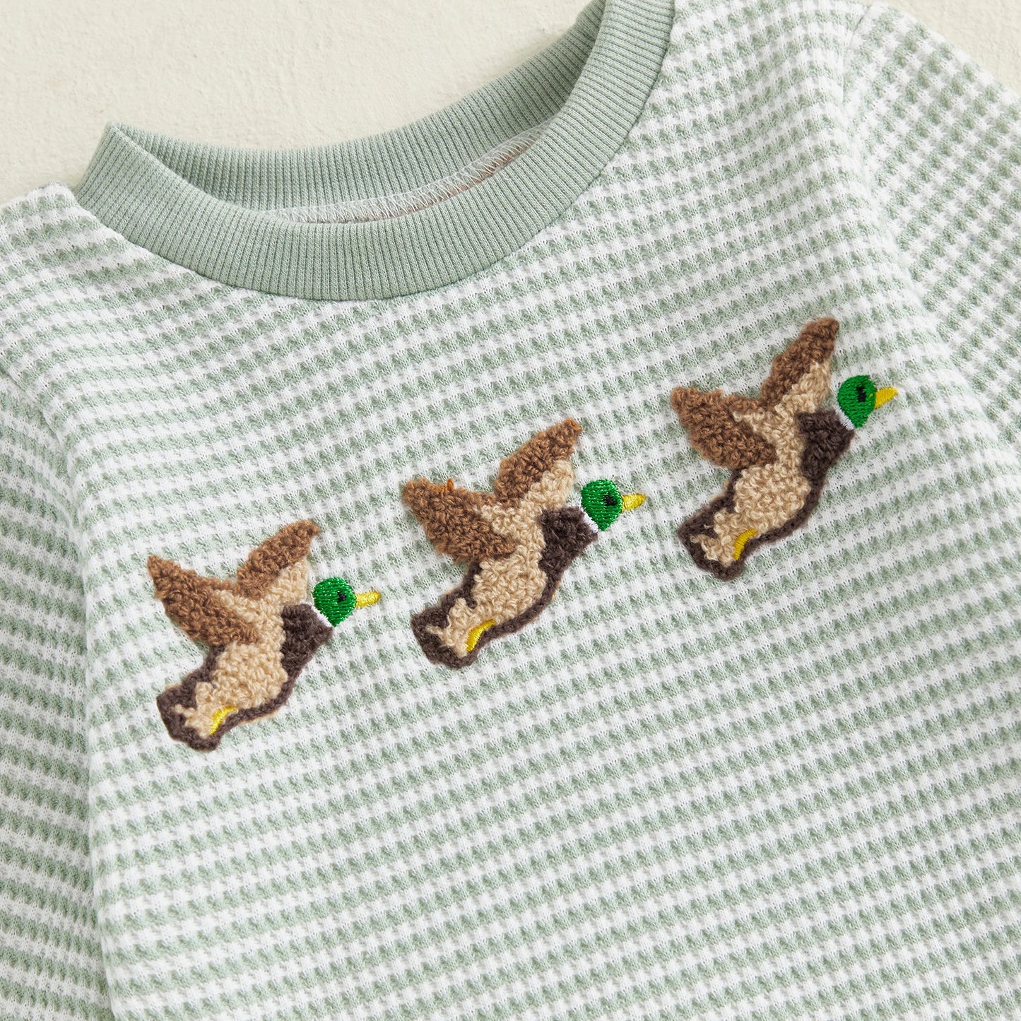 Baby Toddler Boys 2Pcs Fall Sets Long Sleeve Round Neck Duck Embroidery Top Striped Pants Jogger Set