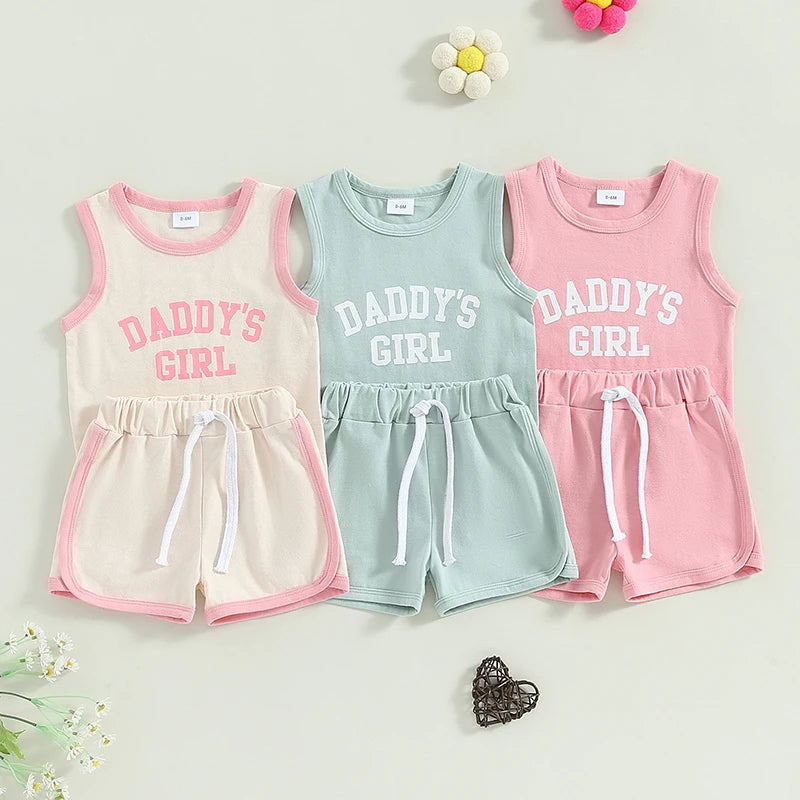 Baby Toddler Girl 2Pcs Daddy's Girl Sleeveless Letter Print Tank Top + Elastic Waist Shorts Outfit Set Father's Day