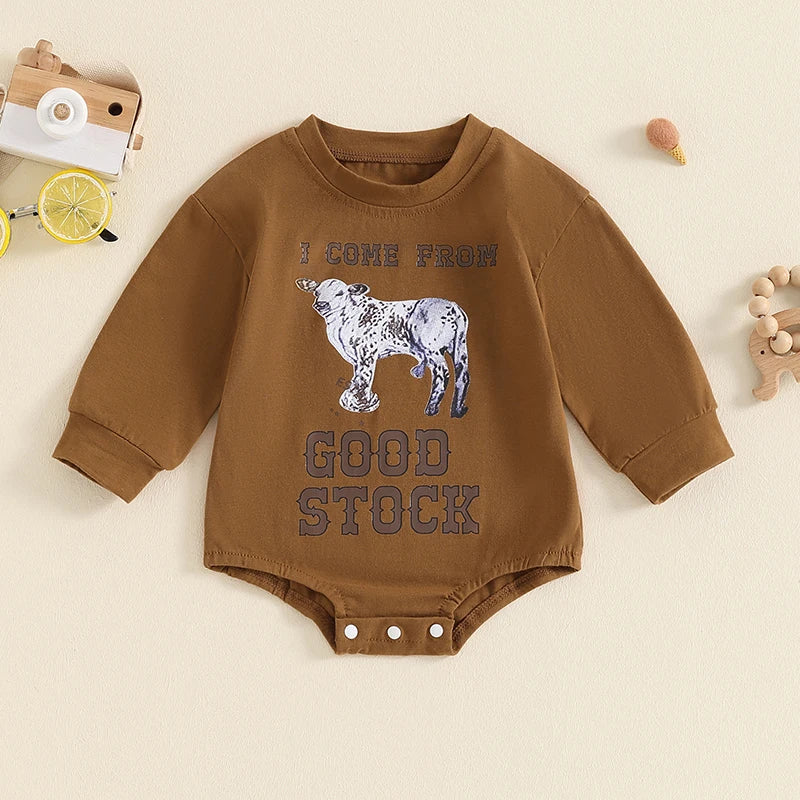 Baby Boys Girls I Come From Good Stock Romper Letter Cow Print Long Sleeve Round Bubble Bodysuit