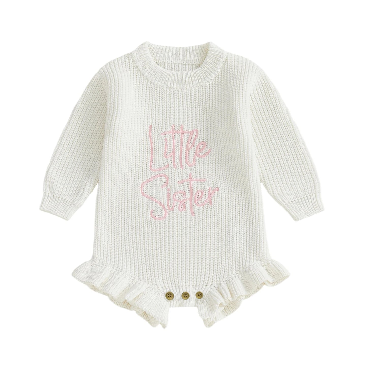 Baby Girl Sweater Romper Little Sister Long Sleeve Round Neck Letter Embroidery Knit Bodysuit
