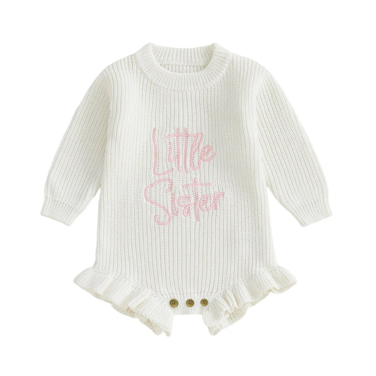 Baby Girl Sweater Romper Little Sister Long Sleeve Round Neck Letter Embroidery Knit Bodysuit