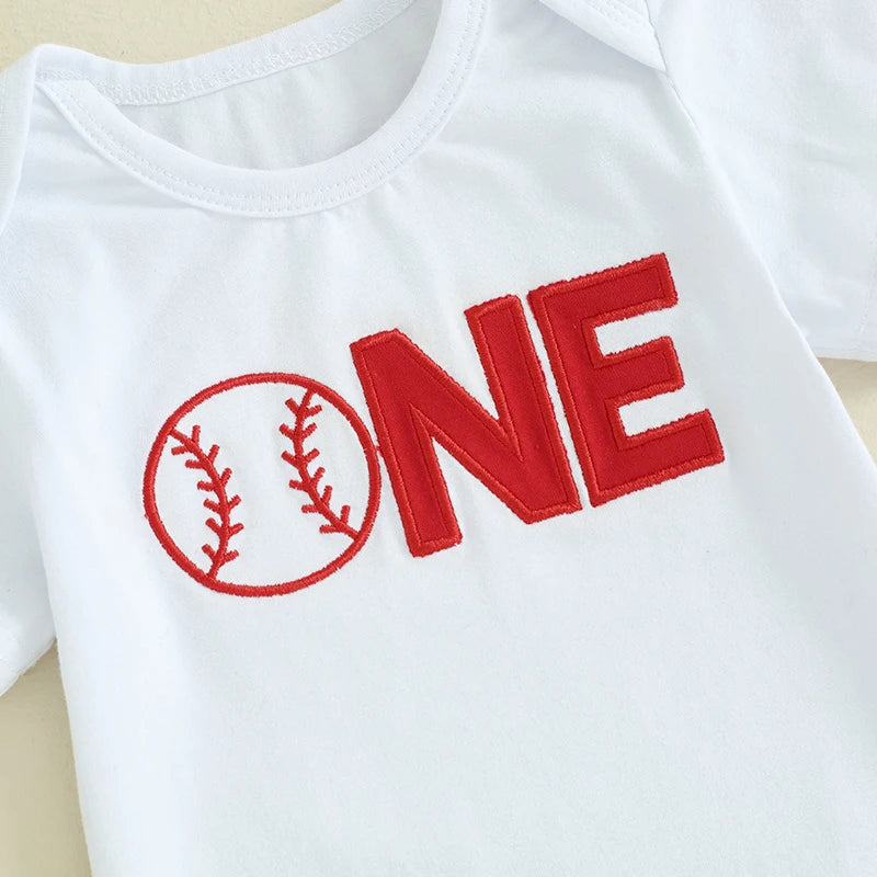 Baby Boys Girls 3Pcs First Birthday Outfit Letter ONE Print Short Sleeve Romper with Baseball Print Pants and Hat Set