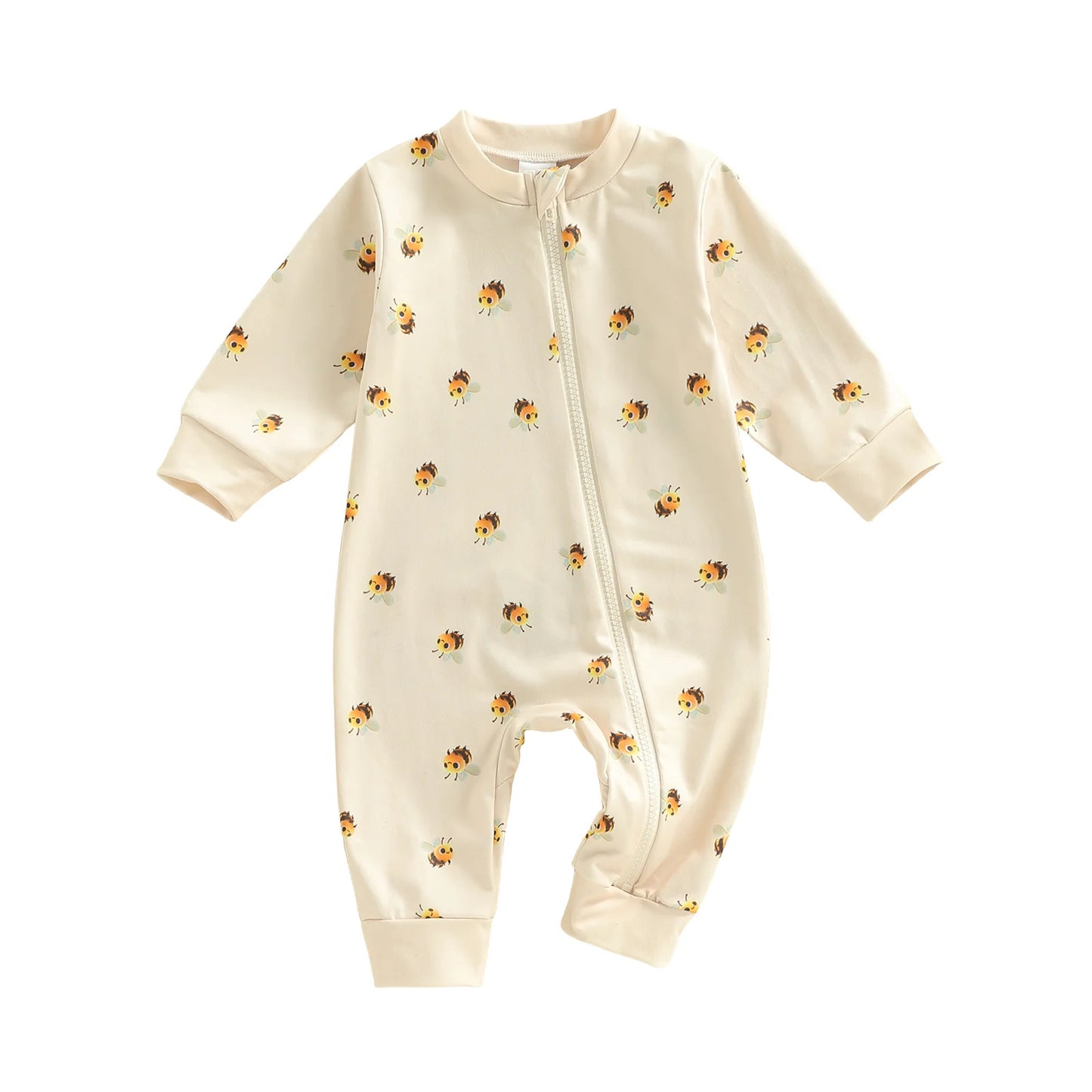 Baby Boy Girl Zipper Romper Crew Neck Long Sleeve Cute Bee Print Zip Up Jumpsuit
