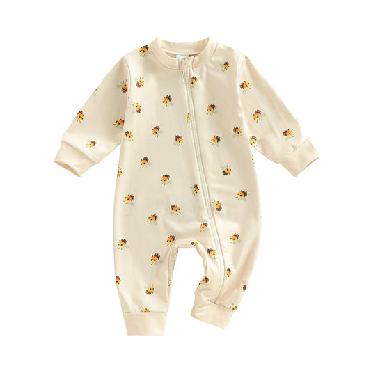 Baby Boy Girl Zipper Romper Crew Neck Long Sleeve Cute Bee Print Zip Up Jumpsuit